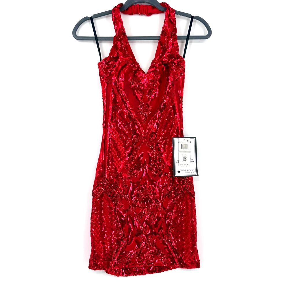 B Darlin Juniors' Sequined Halter V-Neck Bodycon Dress size 1/2 NWT